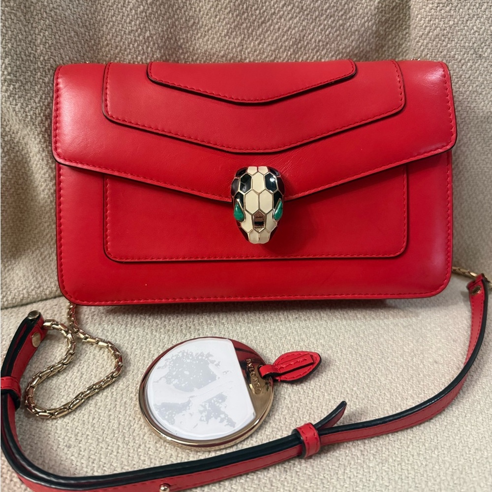 Bulgari Serpenti Forever Red Calfskin Medium Crossbody Bag with Unused Mirror